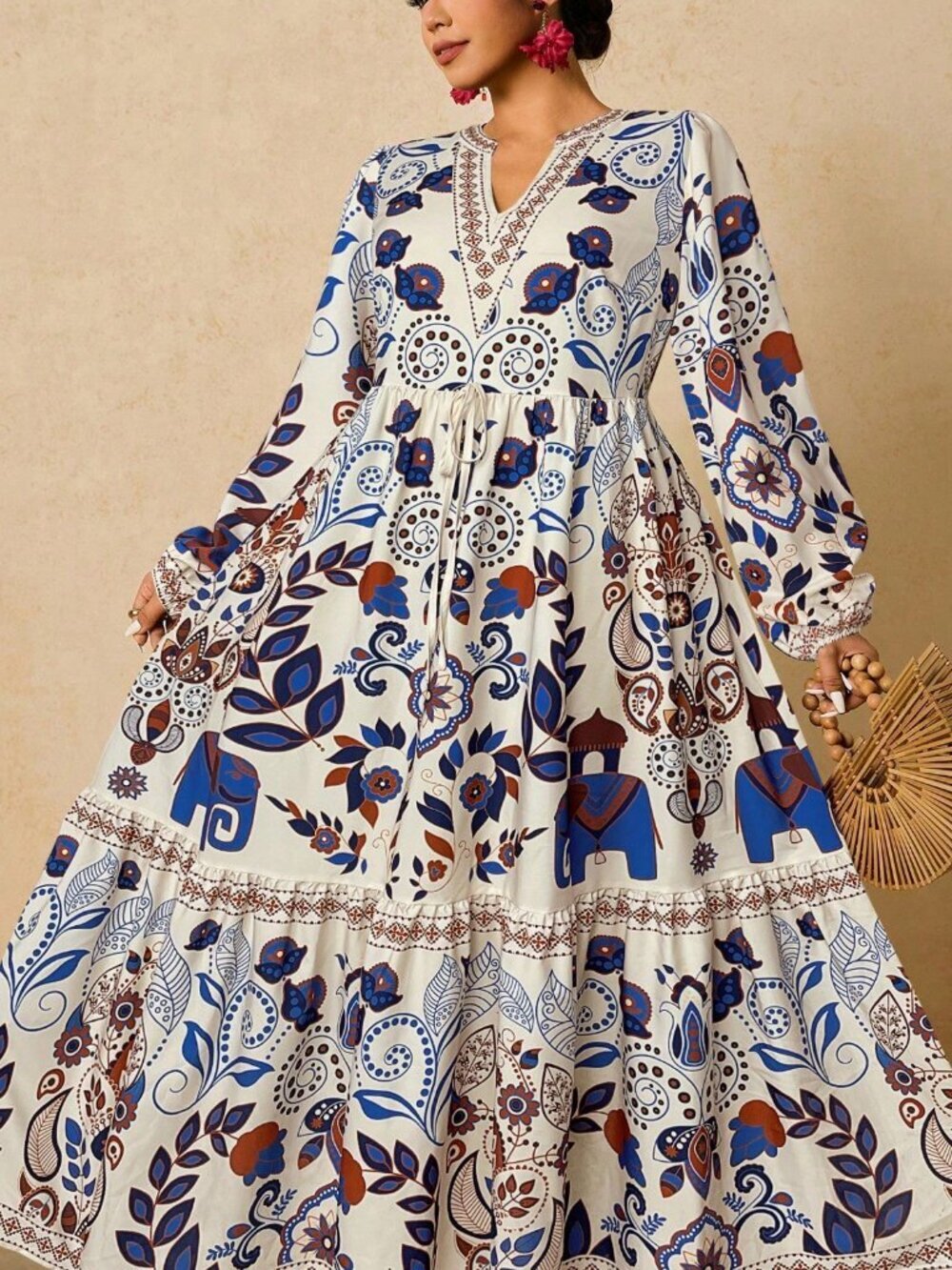 multicolor Boho Women's Plus Size Floral Long Sleeve maxi Dress